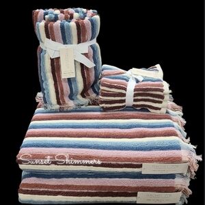 8pc Rachel Zoe Fall Colored Rainbow Striped Bath Hand Washcloth Towel Set
